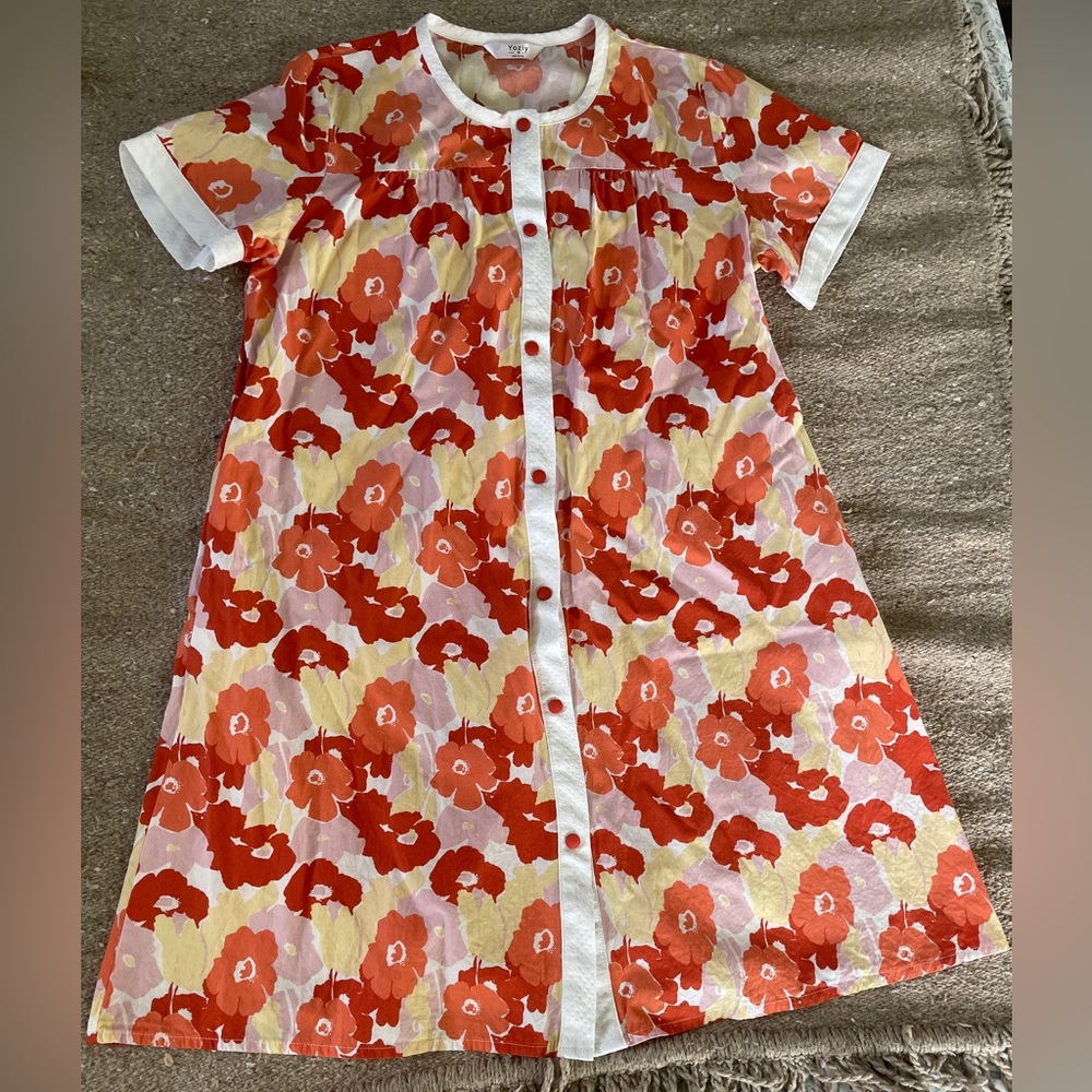 Floral Button Down MuMu Housedress w/Pockets Size M Orange White Yellow Red